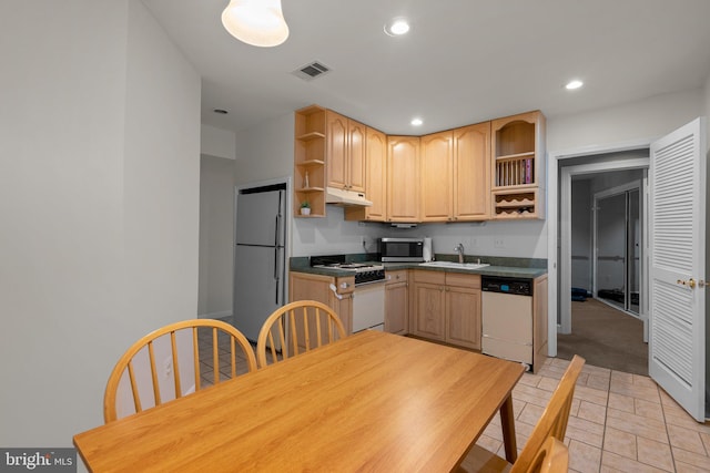 19009 Old Baltimore Rd, Brookeville, MD 20833 - kitchen with open shelves, a sink, white appliances, under cabinet range hood, and visible vents