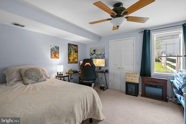 19009 Old Baltimore Rd, Brookeville, MD 20833 - carpeted bedroom featuring visible vents, ceiling fan, and a closet