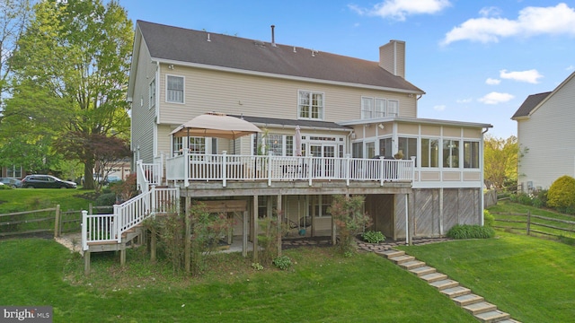 19009 Old Baltimore Rd, Brookeville, MD 20833 - rear view of house featuring fence, stairs, a sunroom, a deck, and a chimney