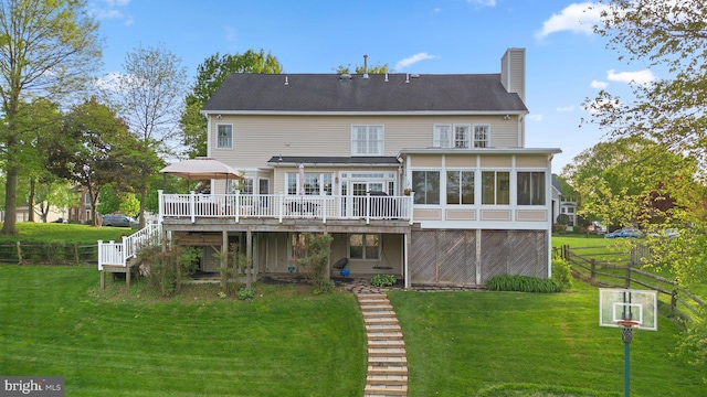 19009 Old Baltimore Rd, Brookeville, MD 20833 - back of house with fence, a deck, a chimney, a sunroom, and a lawn