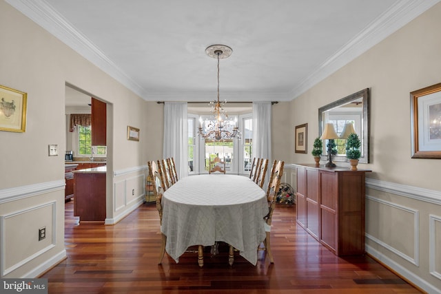 19009 Old Baltimore Rd, Brookeville, MD 20833 - dining area with dark wood-style flooring, an inviting chandelier, and ornamental molding