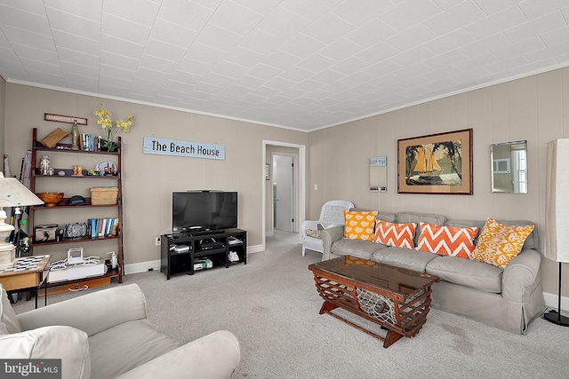 12506 Assawoman Dr, Ocean City, MD 21842 - living area with carpet flooring, baseboards, and ornamental molding