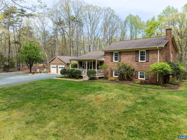 4045 Buck Island Rd, Charlottesville, VA 22902 - tri-level home with a porch, driveway, a chimney, and brick siding