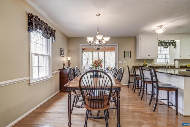4045 Buck Island Rd, Charlottesville, VA 22902 - dining space with light wood-type flooring, baseboards, and a chandelier
