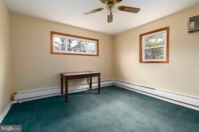 unfurnished room featuring carpet floors, a wealth of natural light, and ceiling fan