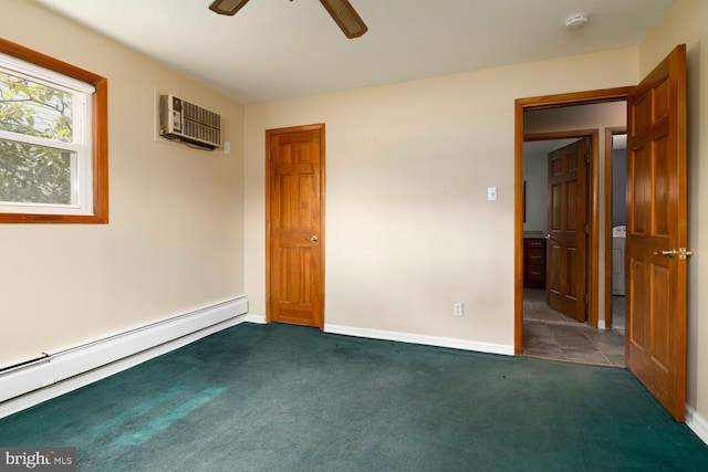 empty room featuring a baseboard radiator, a wall mounted AC, ceiling fan, baseboards, and carpet flooring