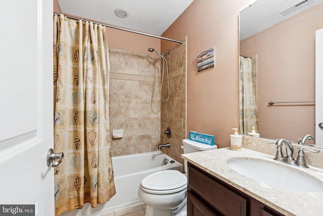 bathroom with toilet, shower / bath combination with curtain, visible vents, and vanity