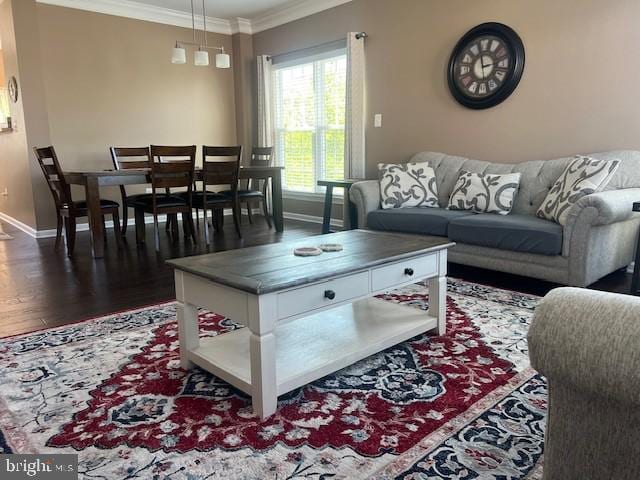 living room featuring crown molding, baseboards, and dark wood-type flooring