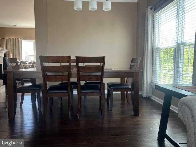 dining area with baseboards and dark wood-style floors