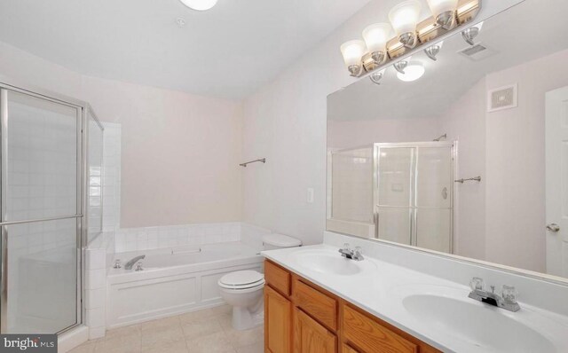bathroom featuring a sink, a bath, tile patterned floors, and a shower stall