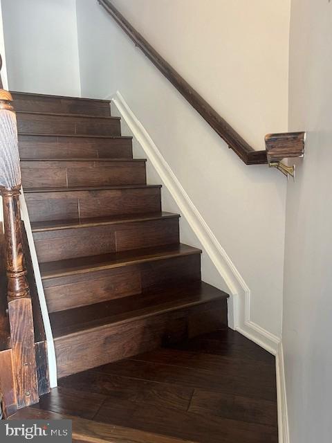 staircase with hardwood / wood-style floors