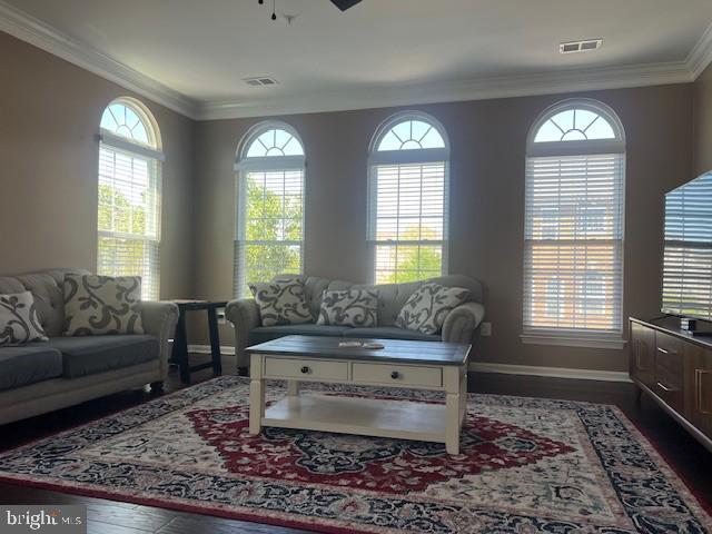 interior space with baseboards, ornamental molding, dark wood-style floors, and visible vents
