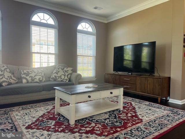 living area featuring crown molding, baseboards, wood finished floors, and visible vents