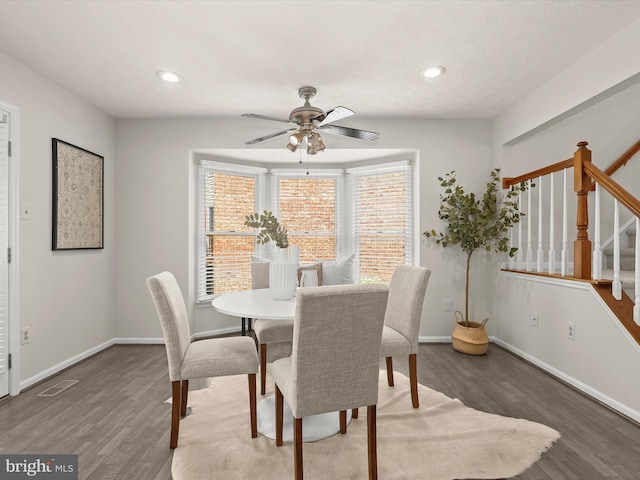 2828 Quarry Heights Way, Baltimore, MD 21209 - dining room featuring wood finished floors, a ceiling fan, stairway, baseboards, and recessed lighting