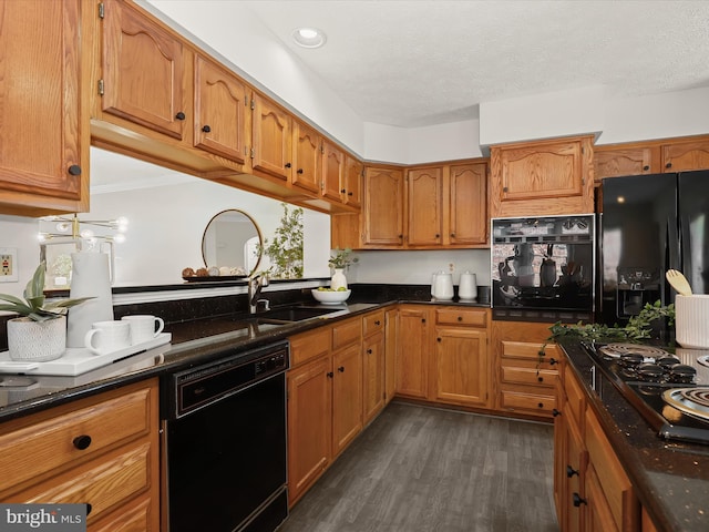 2828 Quarry Heights Way, Baltimore, MD 21209 - kitchen with black appliances, a sink, brown cabinets, dark wood-style flooring, and recessed lighting