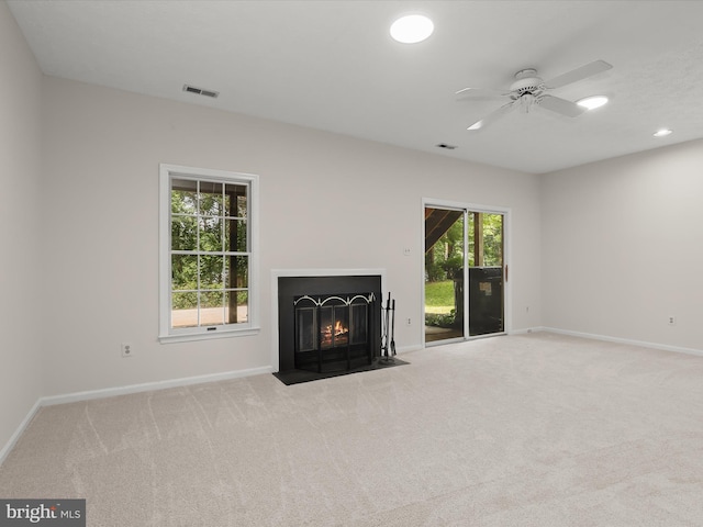 2828 Quarry Heights Way, Baltimore, MD 21209 - unfurnished living room with baseboards, ceiling fan, carpet, a fireplace with flush hearth, and recessed lighting