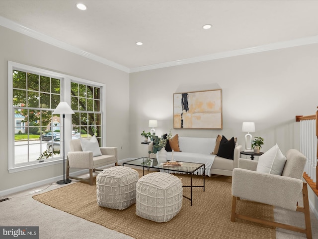 2828 Quarry Heights Way, Baltimore, MD 21209 - carpeted living room featuring baseboards, crown molding, and recessed lighting