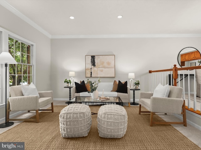 2828 Quarry Heights Way, Baltimore, MD 21209 - living area with crown molding, carpet flooring, recessed lighting, and baseboards