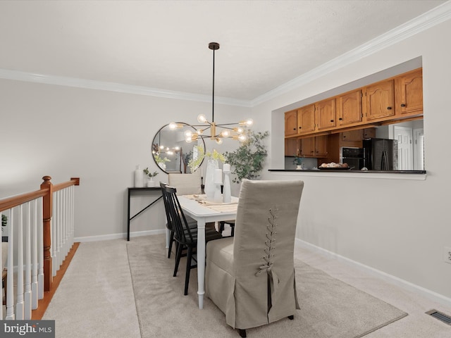 2828 Quarry Heights Way, Baltimore, MD 21209 - dining room featuring light colored carpet, ornamental molding, a chandelier, and baseboards