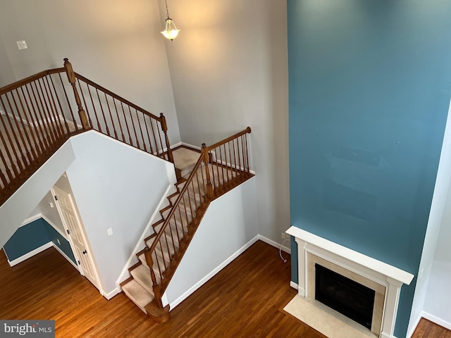 16258 John Rowland Trl, Milton, DE 19968 - stairs with wood finished floors, baseboards, and a fireplace with flush hearth