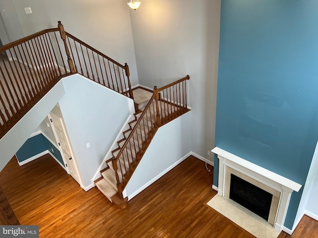 16258 John Rowland Trl, Milton, DE 19968 - stairway with wood finished floors, baseboards, and a fireplace with flush hearth