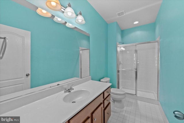 full bath featuring tile patterned flooring, visible vents, vanity, toilet, and a stall shower