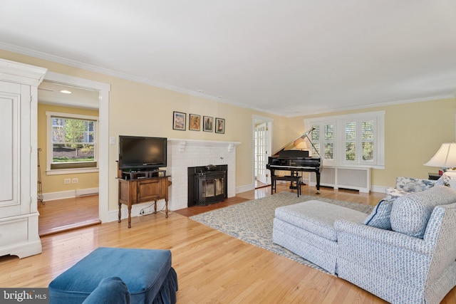 living room featuring plenty of natural light, baseboards, wood finished floors, and a fireplace