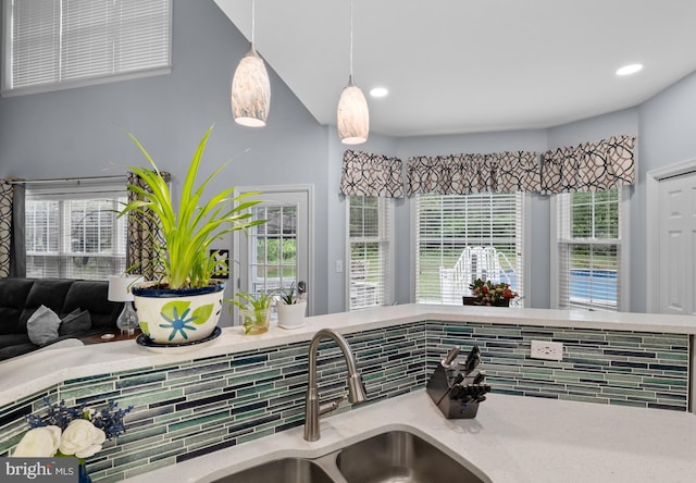 362 Hoffeckers Mill Dr, Smyrna, DE 19977 - kitchen view of a sink, recessed lighting, pendant lighting, and light stone countertops