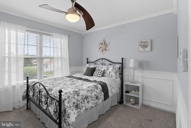 362 Hoffeckers Mill Dr, Smyrna, DE 19977 - carpeted bedroom featuring crown molding, a wainscoted wall, and ceiling fan