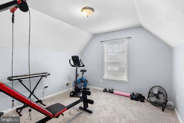 362 Hoffeckers Mill Dr, Smyrna, DE 19977 - workout area with lofted ceiling, carpet, and baseboards