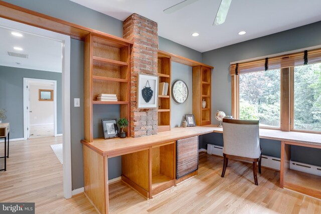 8604 Tobin Rd, Annandale, VA 22003 - office featuring built in study area, baseboard heating, wood finished floors, baseboards, and a ceiling fan