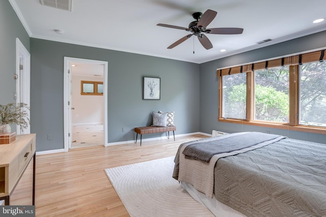 8604 Tobin Rd, Annandale, VA 22003 - bedroom featuring crown molding, light wood-style floors, baseboards, recessed lighting, and ensuite bath