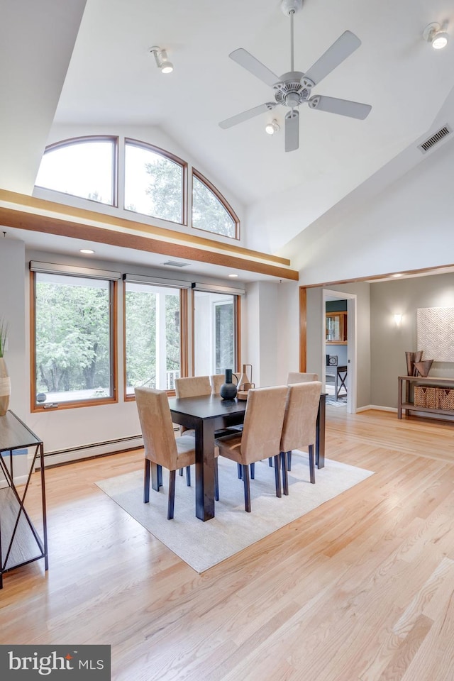 8604 Tobin Rd, Annandale, VA 22003 - dining room with vaulted ceiling, a baseboard radiator, ceiling fan, light wood-type flooring, and baseboards