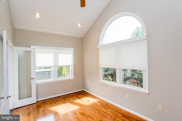 unfurnished room featuring ceiling fan, recessed lighting, baseboards, wood finished floors, and visible vents