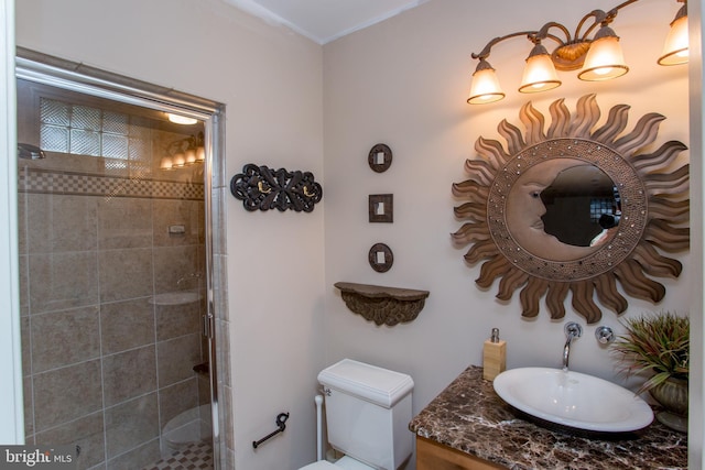 bathroom with vanity, a tile shower, and toilet