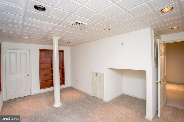 below grade area featuring visible vents, carpet flooring, and recessed lighting