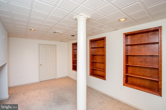 basement with built in features, carpet floors, baseboards, and recessed lighting