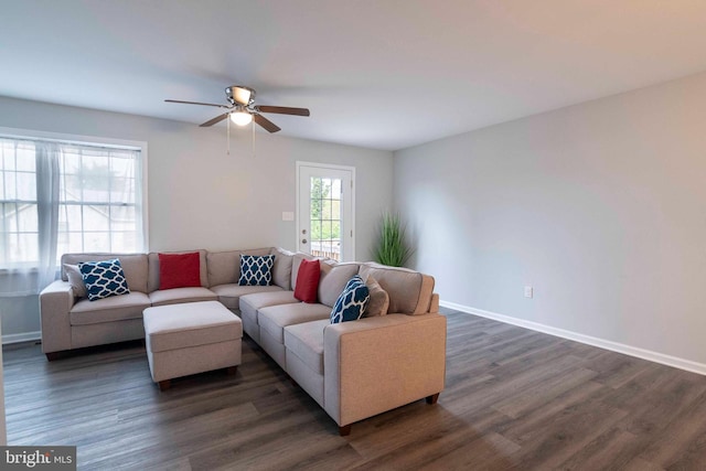 112 Ryder Benson Ln, Front Royal, VA 22630 - living room featuring dark wood finished floors, baseboards, and ceiling fan