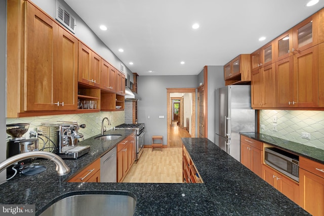 kitchen with a sink, appliances with stainless steel finishes, ventilation hood, and visible vents