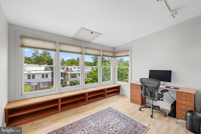 office with track lighting, lofted ceiling, and light wood-type flooring