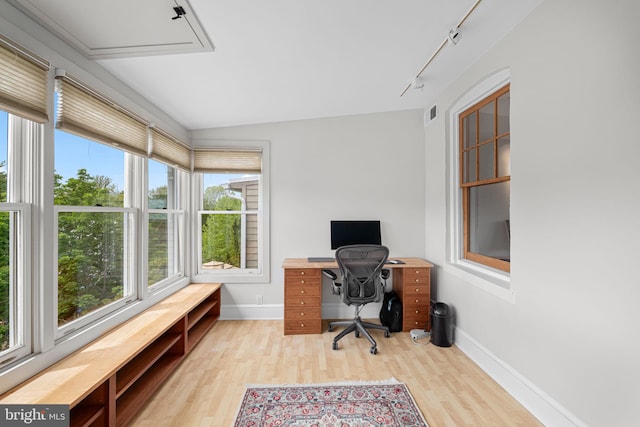 office area featuring light wood-type flooring, baseboards, and a wealth of natural light