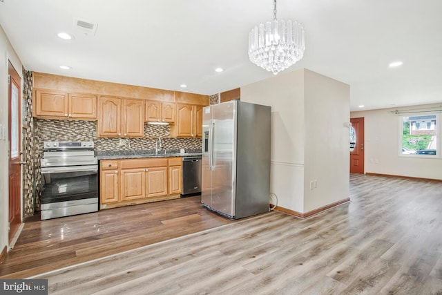 1603 Melby Ct, Baltimore, MD 21234 - kitchen featuring tasteful backsplash, a sink, a chandelier, stainless steel appliances, and light wood finished floors