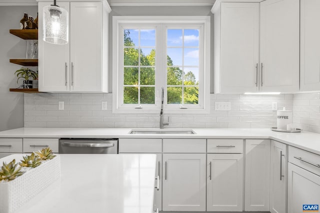 kitchen with open shelves, a sink, dishwasher, light countertops, and white cabinetry