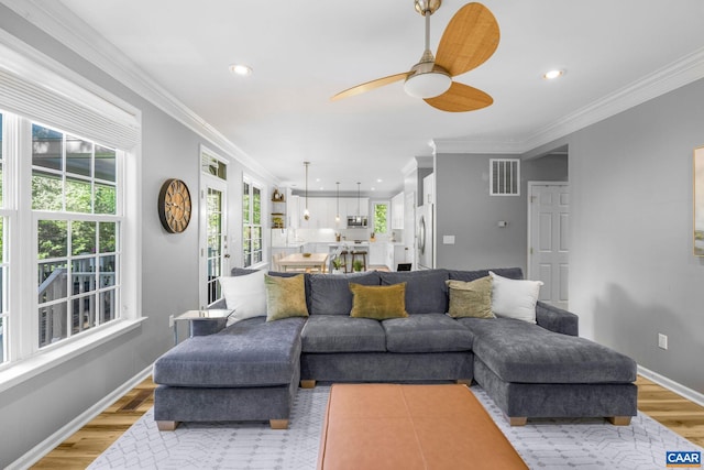 living room featuring a ceiling fan, visible vents, light wood finished floors, ornamental molding, and recessed lighting