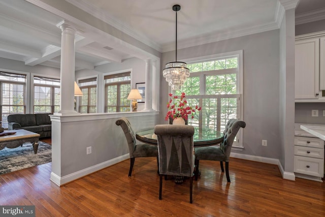 dining space with ornate columns, plenty of natural light, dark wood finished floors, baseboards, and beam ceiling