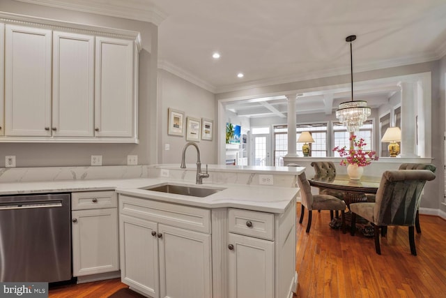 kitchen with dishwasher, a sink, a peninsula, white cabinets, and light stone countertops