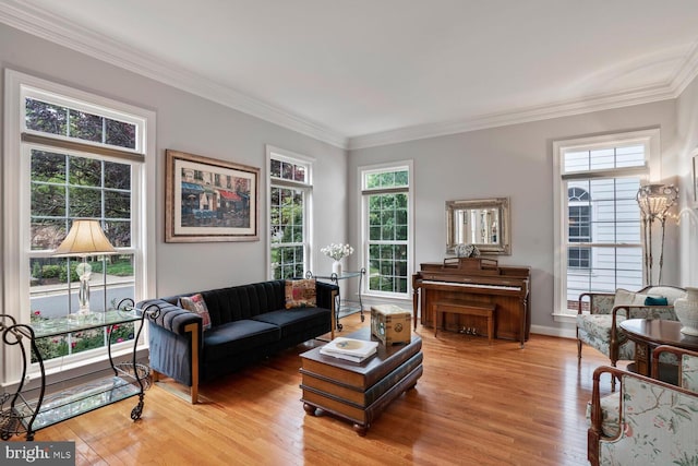 living area with light wood-type flooring, crown molding, and baseboards