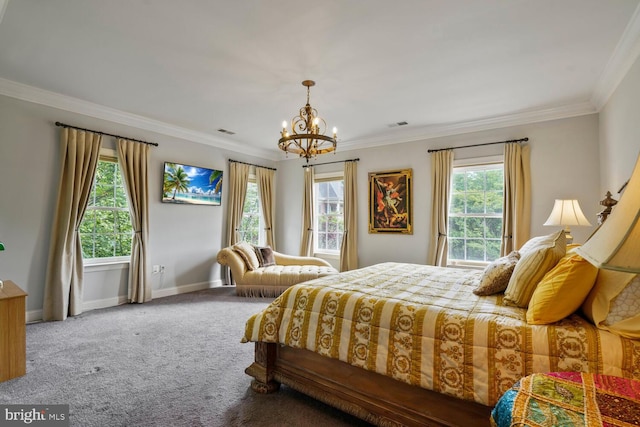 carpeted bedroom with a chandelier, baseboards, and ornamental molding