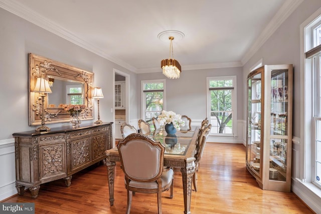 dining area with light wood-type flooring, a chandelier, crown molding, wainscoting, and a decorative wall