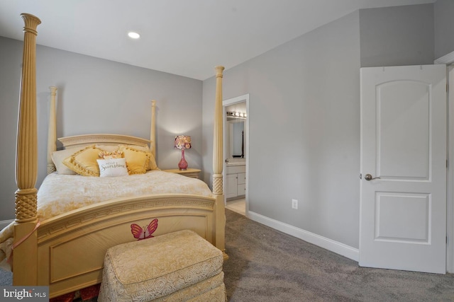bedroom featuring carpet flooring, baseboards, connected bathroom, and recessed lighting